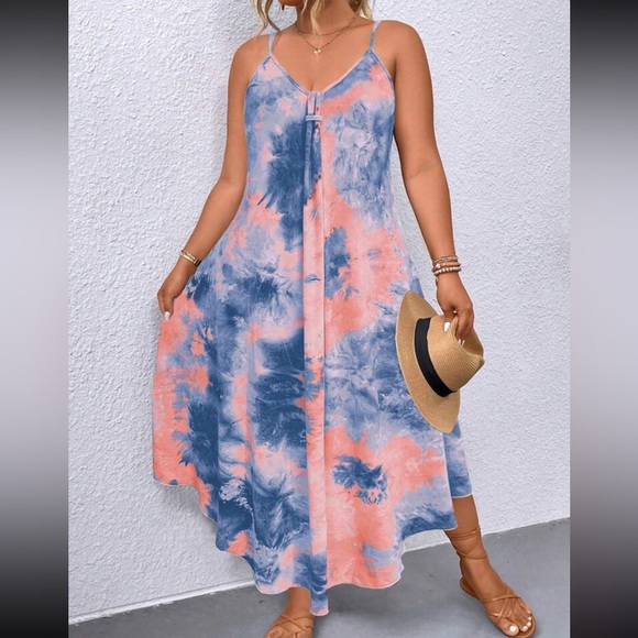 Boho Plus Size Tie Dye Ombre Print Asymmetrical Hem Cami Tank Top Maxi Dress - Picture 3 of 7